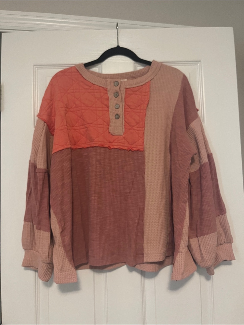 POL Women's Patchwork Long-Sleeve Top - Pink/Terracotta Size Small